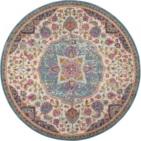 Palacedesigns 8 ft. Round Pink & Blue Floral Medallion Area Rug PA3644022